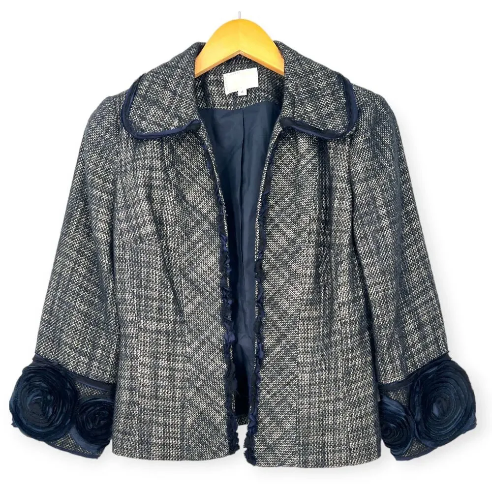 Alberto Makali | Size 4 | Tweed Open Front Floral Ribbon Accents Blazer Jacket - Picture 1 of 5